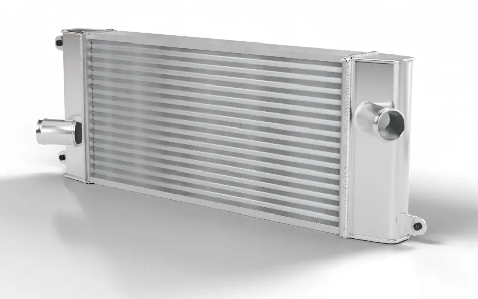 Intercooler de aluminio en 3D que se separa en panal y dos cajas soldadas, con sus tomas, cordones de soldadura y soportes